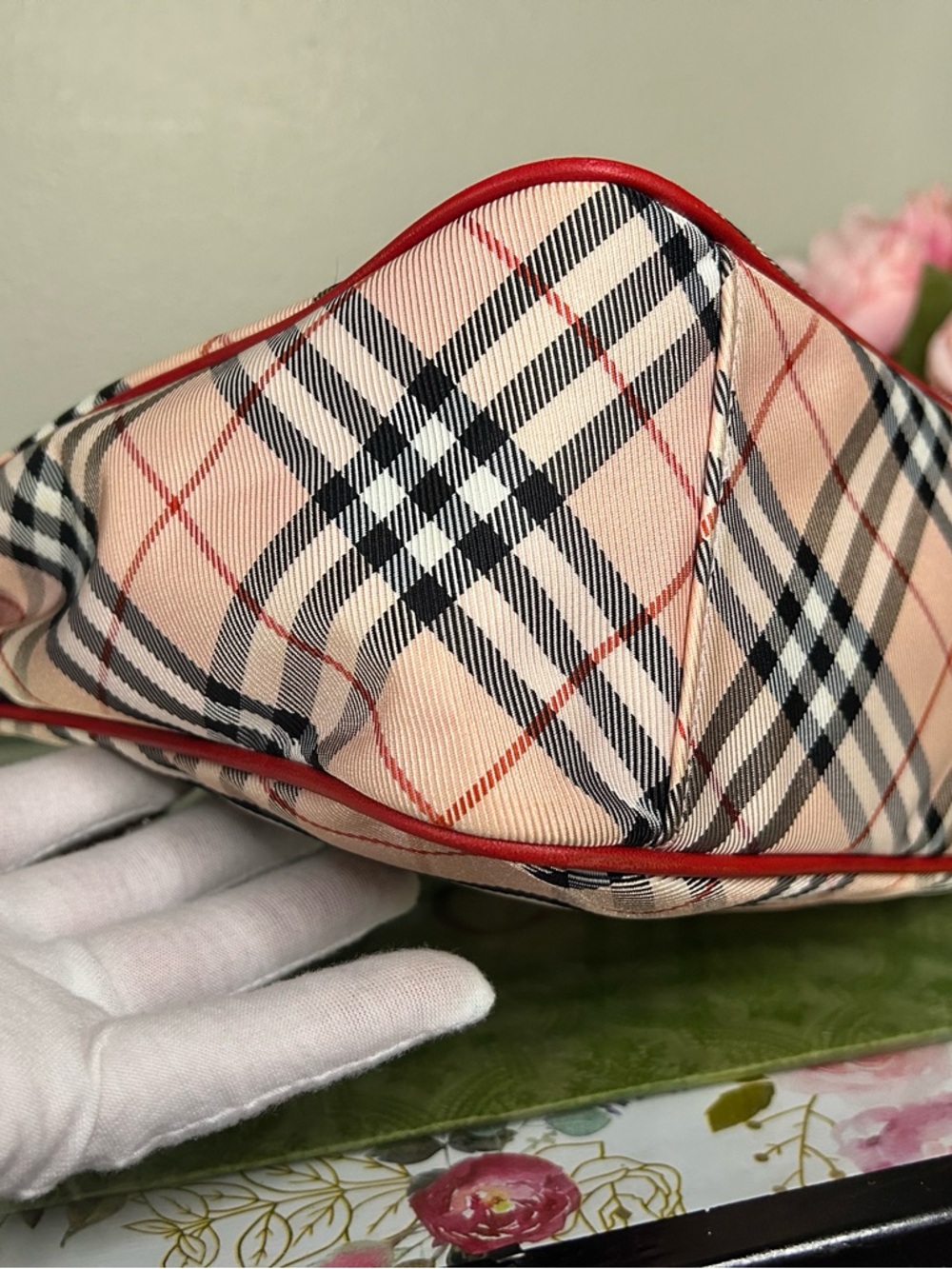 Vintage Burberry Nova Check Tote Bag Red Leather Trim Beige Plaid Shoulder Bag - Picture 6 of 13